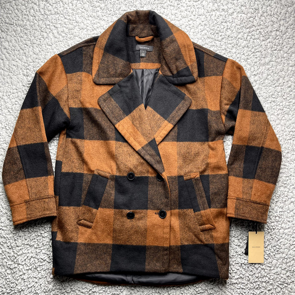 Nordstrom Halogen Pea Coat Womens Small Buffalo Plaid Chore Jacket Heavy Copper - Picture 4 of 12